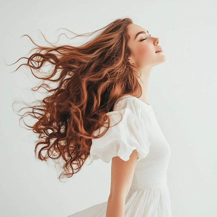 Woman with long, wavy hair blowing in the wind against a light background